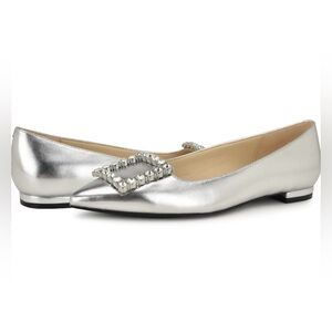 Nine West Silver Flats with Crystal Buckle